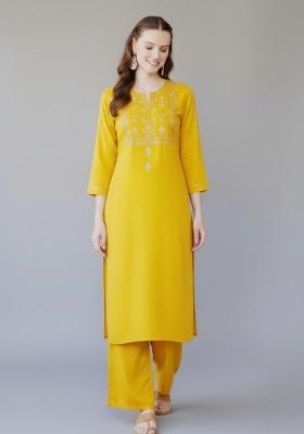 Yellow Embroidered Rayon Kurta Set