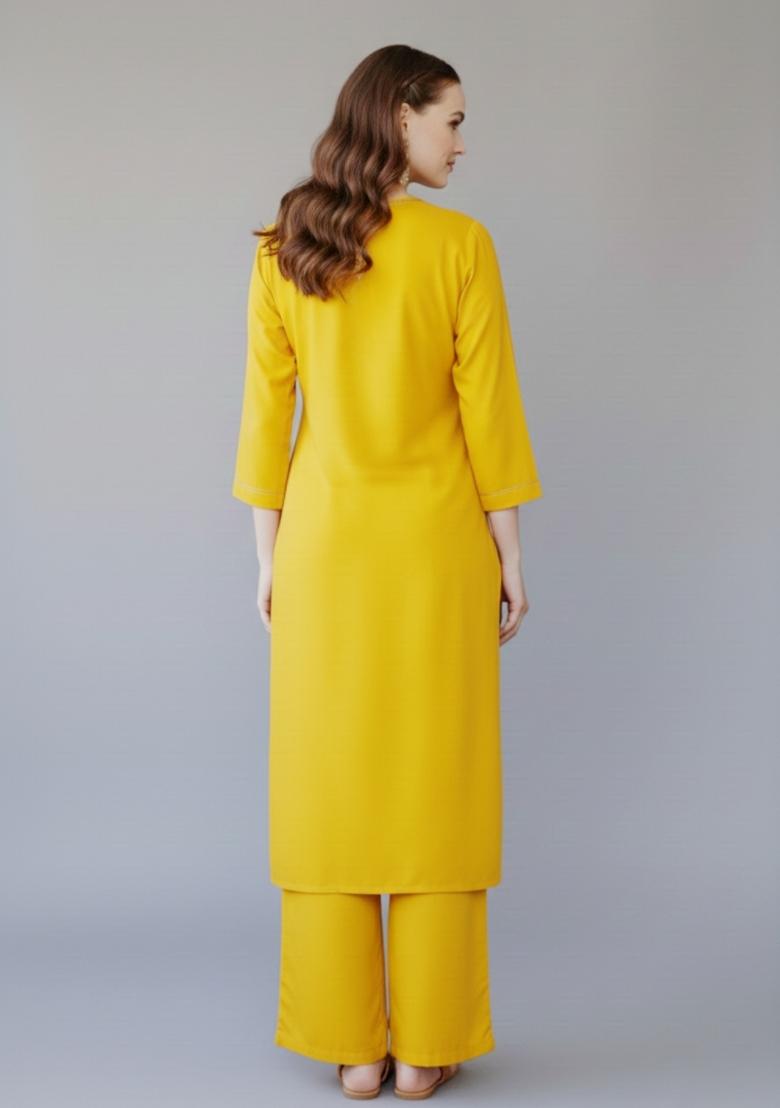 Yellow Embroidered Rayon Kurta Set - Indya