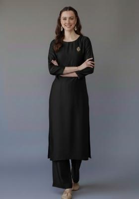 Black Embroidered Rayon Kurta Set