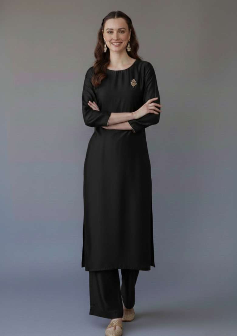 Black Solid Rayon Straight Kurta Set - Indya