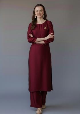 Maroon Embroidered Rayon Kurta Set