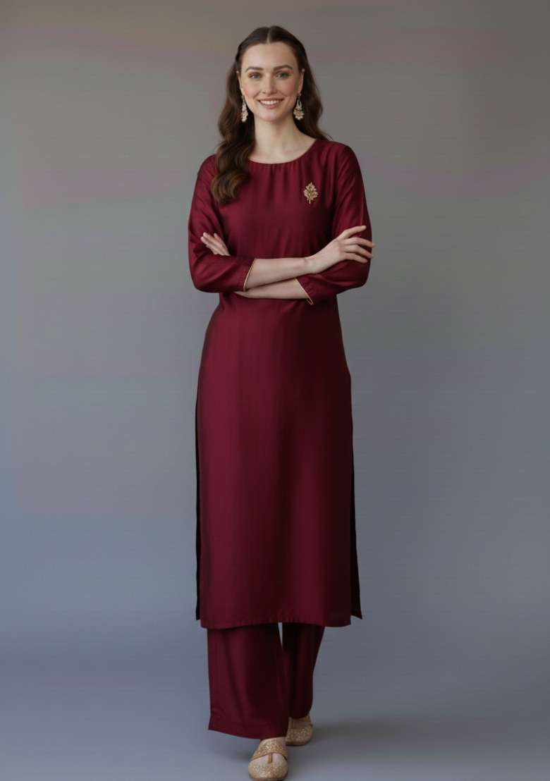 Maroon Solid Rayon Straight Kurta Set - Indya