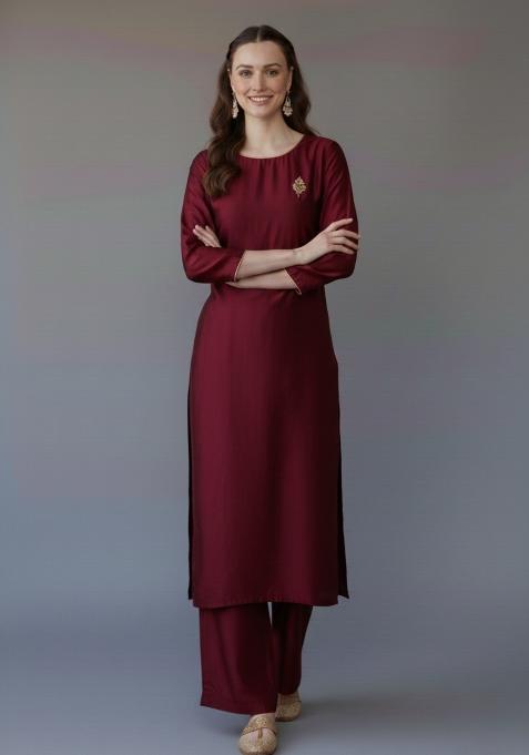 Maroon Embroidered Rayon Kurta Set