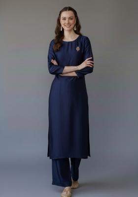 Navy Blue Embroidered Rayon Kurta Set