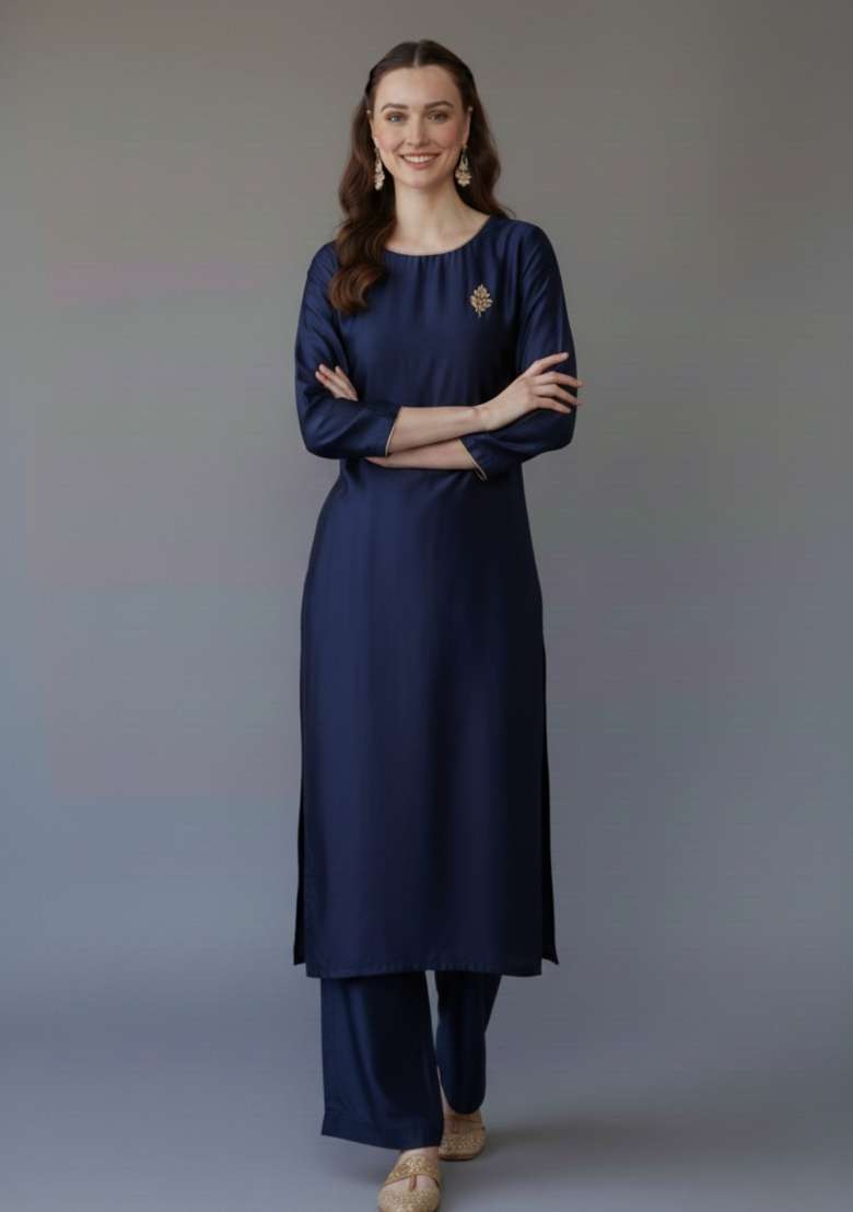 Navy Blue Solid Rayon Straight Kurta Set - Indya