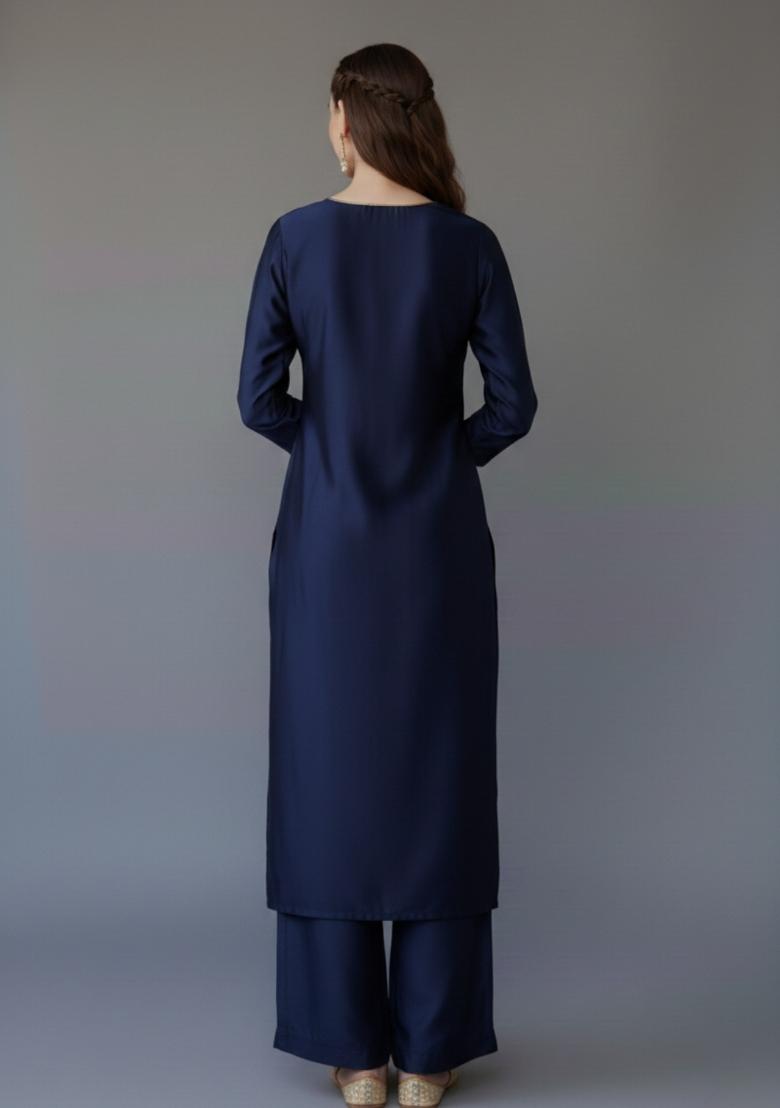 Navy Blue Embroidered Rayon Kurta Set - Indya