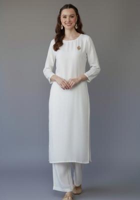 White Embroidered Rayon Kurta Set