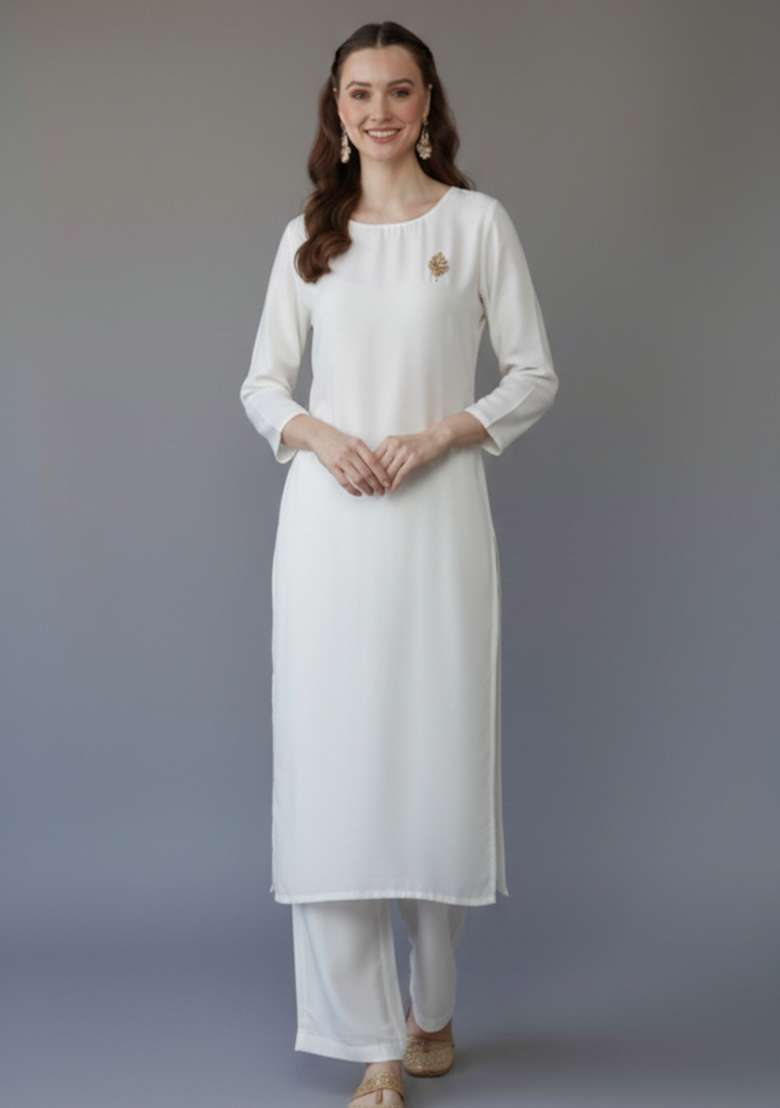 White Solid Rayon Straight Kurta Set - Indya