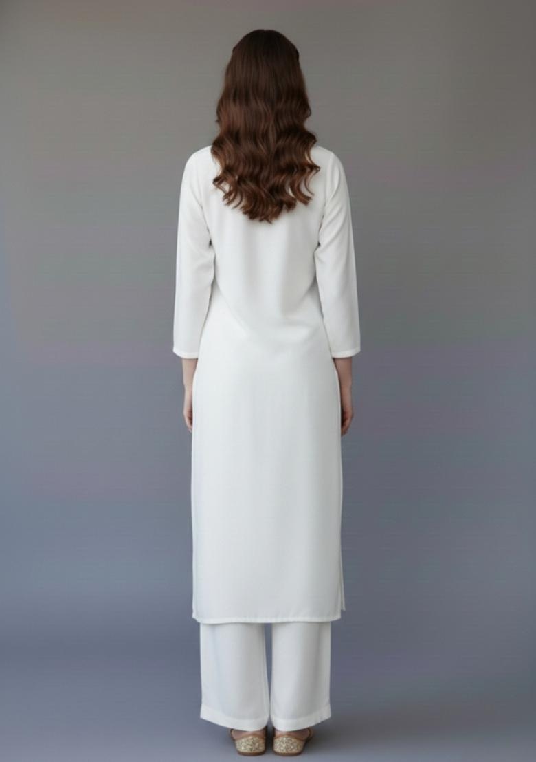 White Embroidered Rayon Kurta Set - Indya