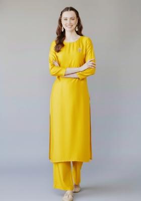Yellow Embroidered Rayon Kurta Set
