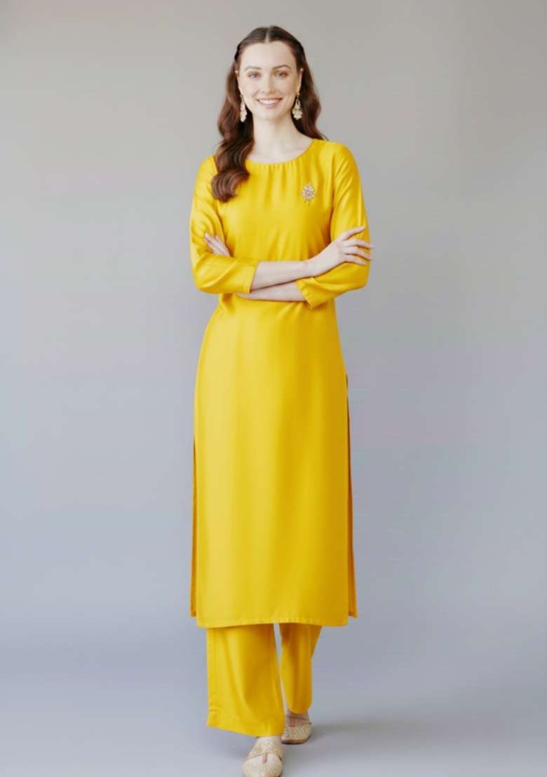 Yellow Solid Rayon Straight Kurta Set - Indya