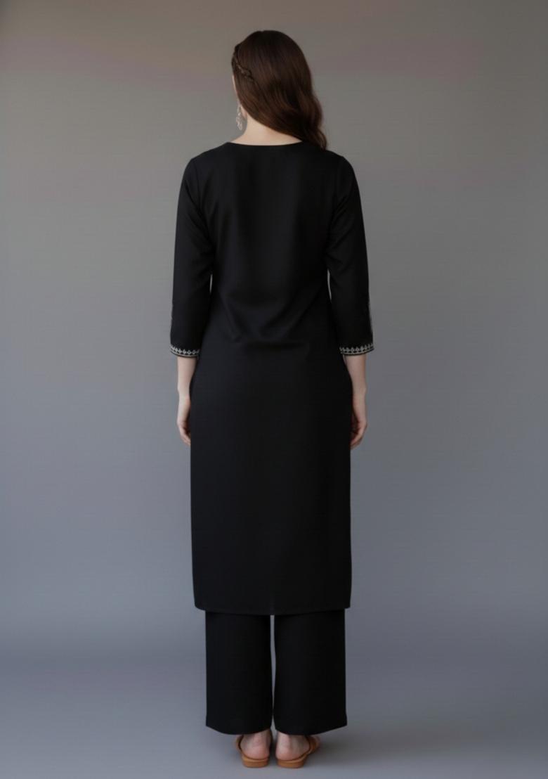 Black Embroidered Rayon Kurta Set - Indya