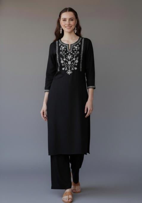 Black Embroidered Rayon Kurta Set