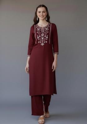 Maroon Embroidered Rayon Kurta Set