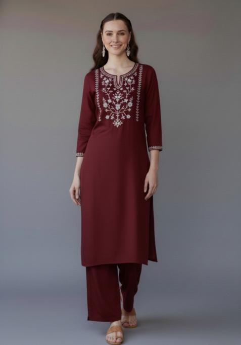 Maroon Embroidered Rayon Kurta Set