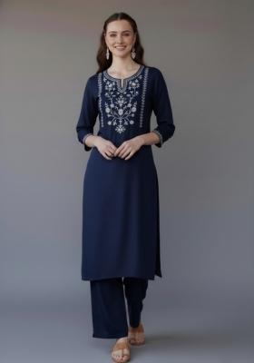 Navy Blue Embroidered Rayon Kurta Set
