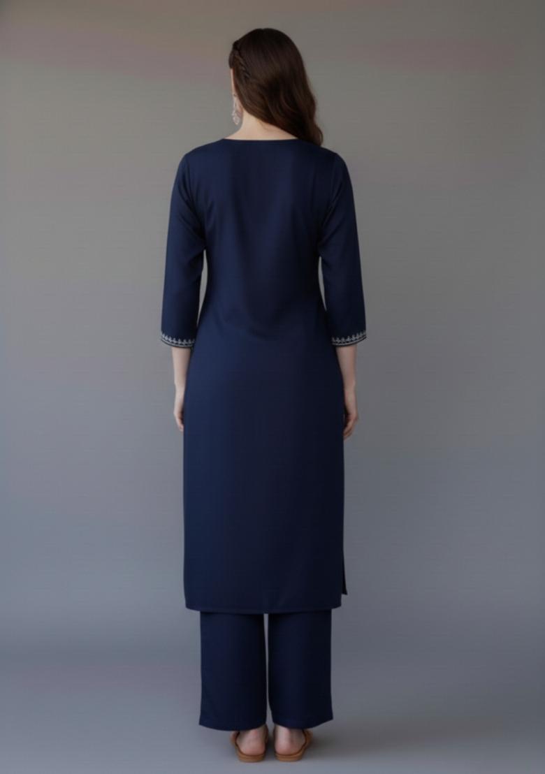 Navy Blue Embroidered Rayon Kurta Set - Indya