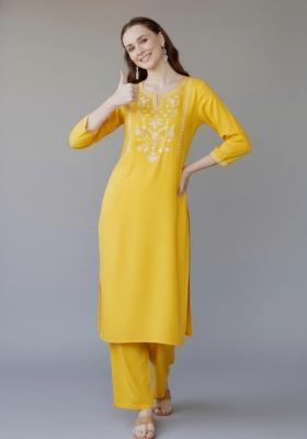 Yellow Embroidered Rayon Kurta Set