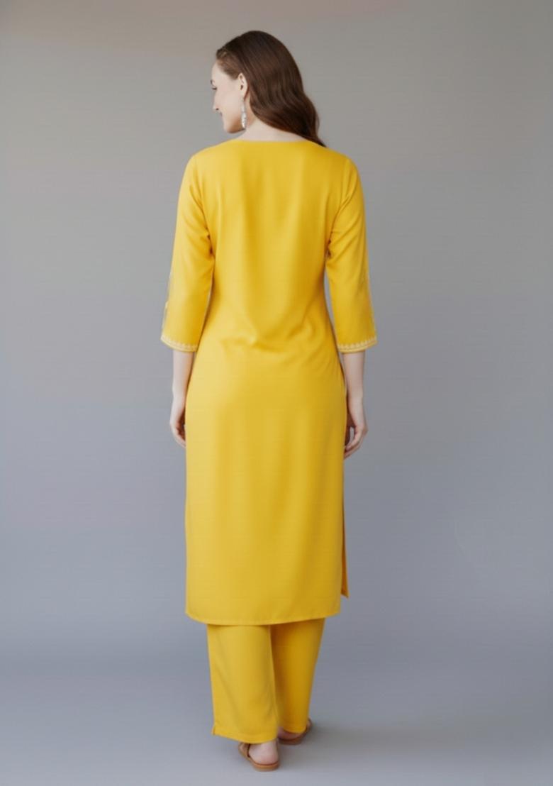 Yellow Embroidered Rayon Kurta Set - Indya