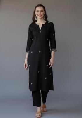 Black Embroidered Rayon Kurta Set