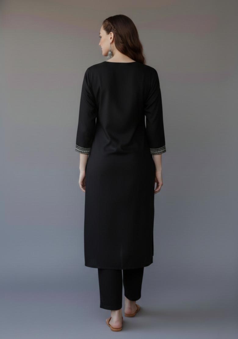 Black Embroidered Rayon Kurta Set - Indya