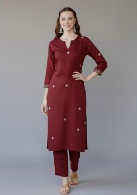 Maroon Embroidered Rayon Kurta Set