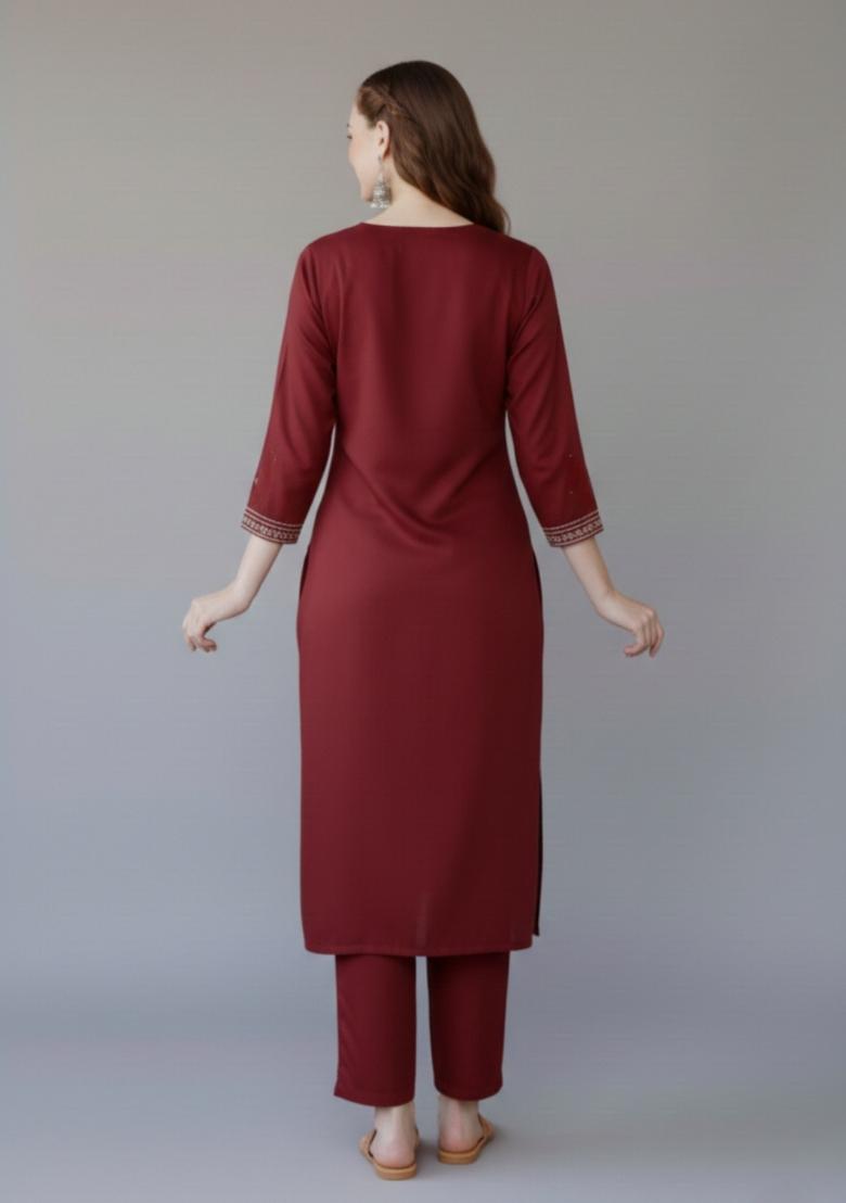 Maroon Embroidered Rayon Kurta Set - Indya