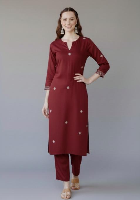 Maroon Embroidered Rayon Kurta Set
