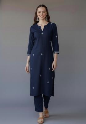 Navy Blue Embroidered Rayon Kurta Set