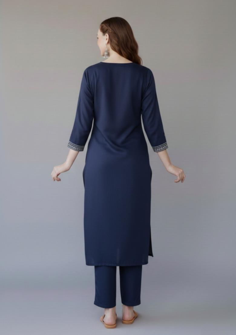 Navy Blue Embroidered Rayon Kurta Set - Indya