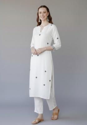 White Embroidered Rayon Kurta Set