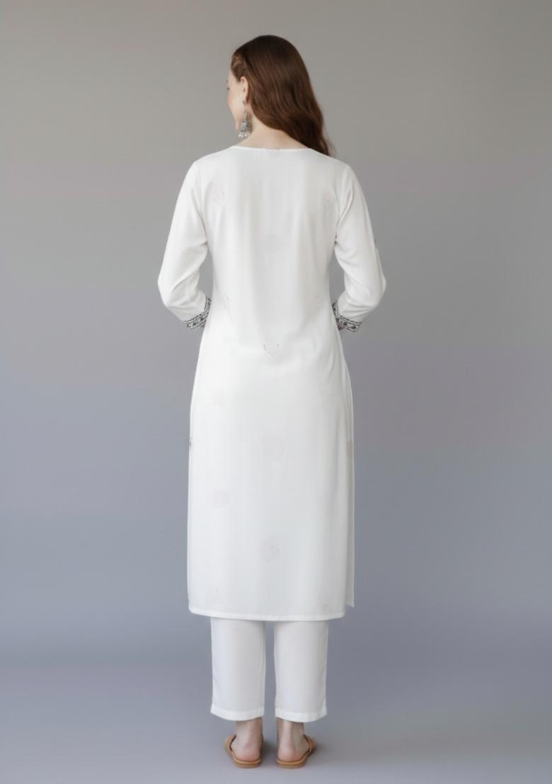 White Embroidered Rayon Kurta Set - Indya