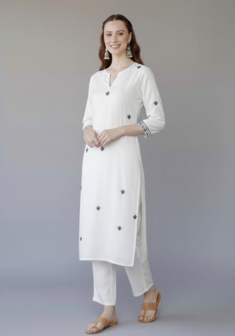 White Embroidered Rayon Kurta Set