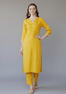 Yellow Embroidered Rayon Kurta Set