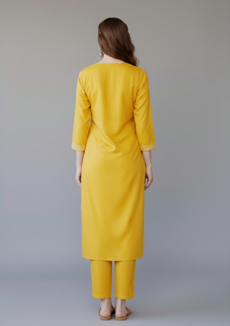 Yellow Embroidered Rayon Kurta Set - Indya