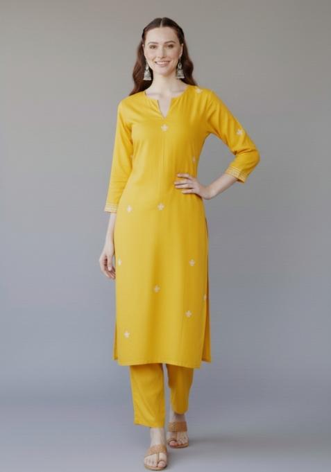 Yellow Embroidered Rayon Kurta Set