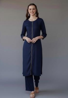 Navy Blue Embroidered Rayon Kurta Set