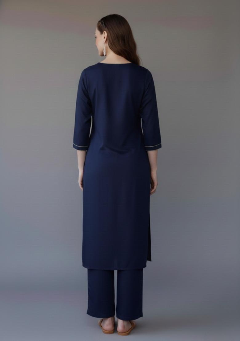 Navy Blue Embroidered Rayon Kurta Set - Indya