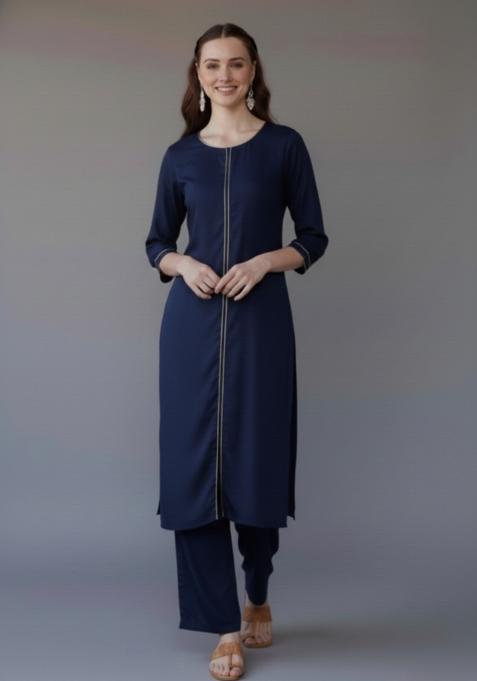 Navy Blue Embroidered Rayon Kurta Set