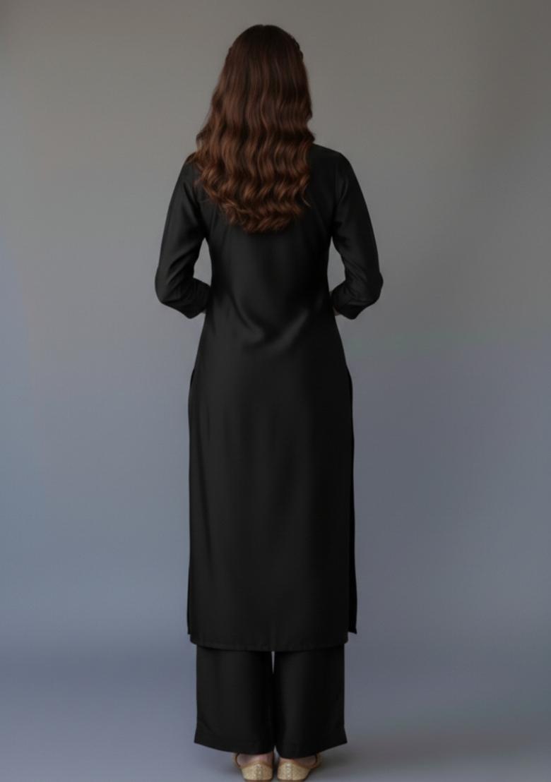 Black Embroidered Rayon Kurta Set - Indya