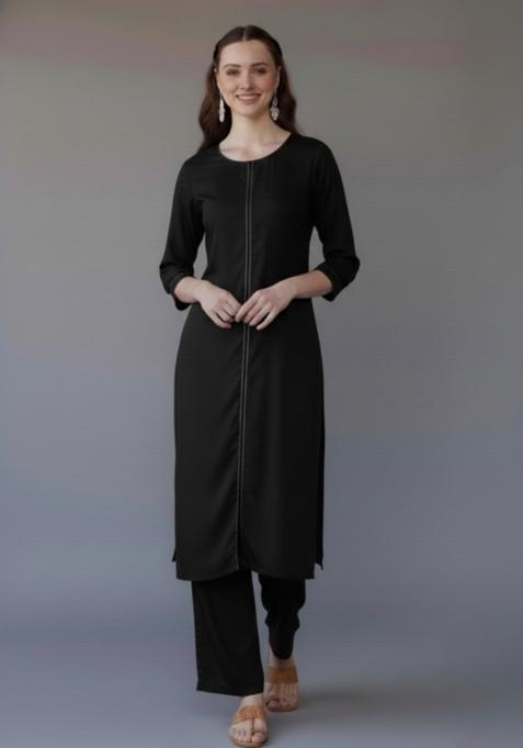 Black Embroidered Rayon Kurta Set