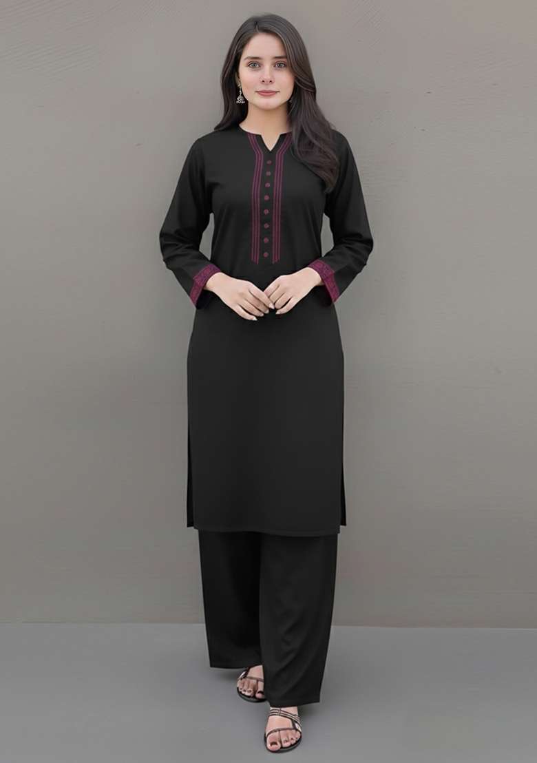 Black Solid Rayon Pakistani Suit Set - Indya