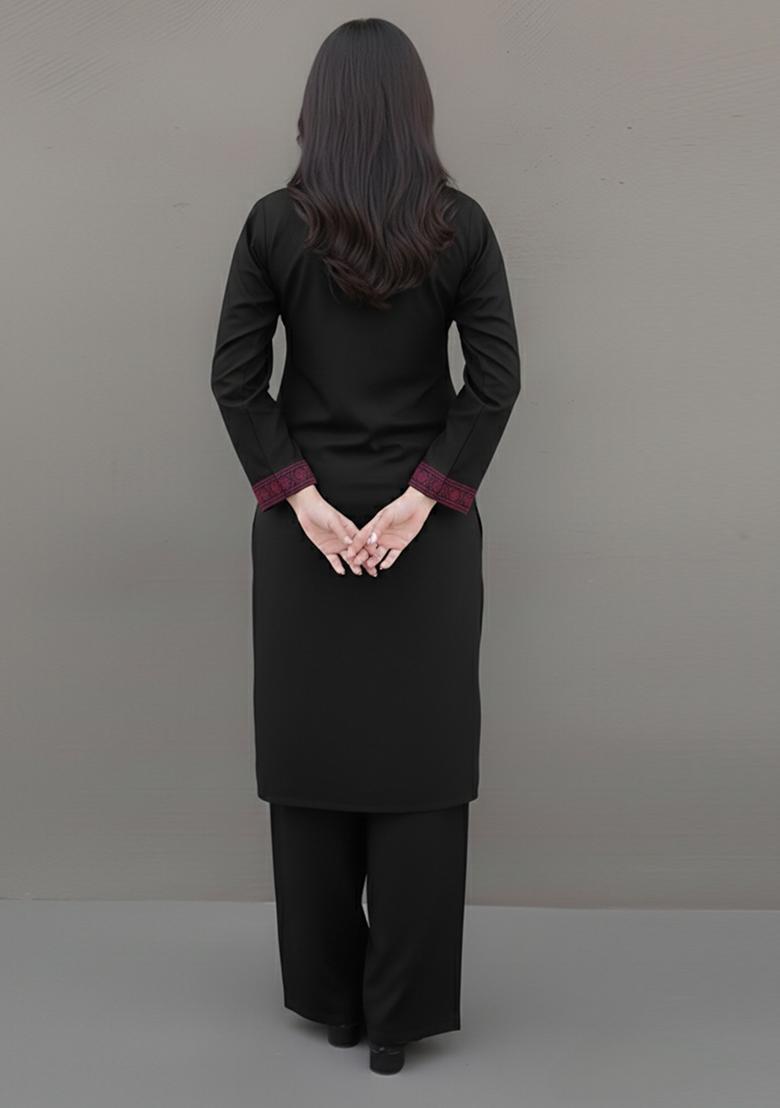 Black Embroidered Rayon Kurta Set - Indya