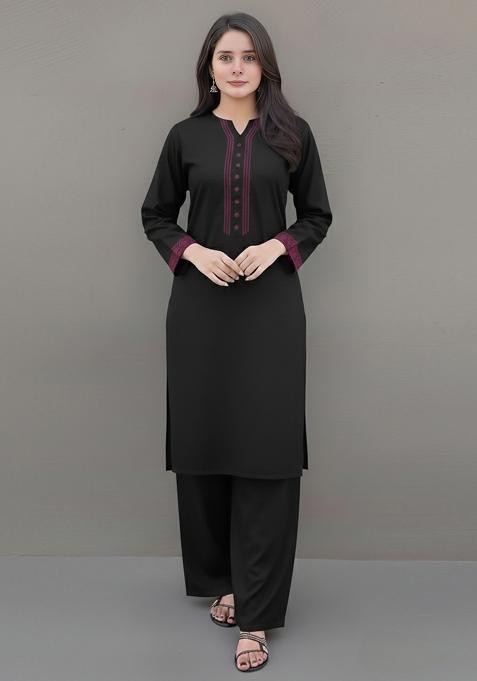 Black Embroidered Rayon Kurta Set