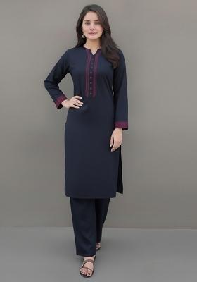 Navy Blue Embroidered Rayon Kurta Set