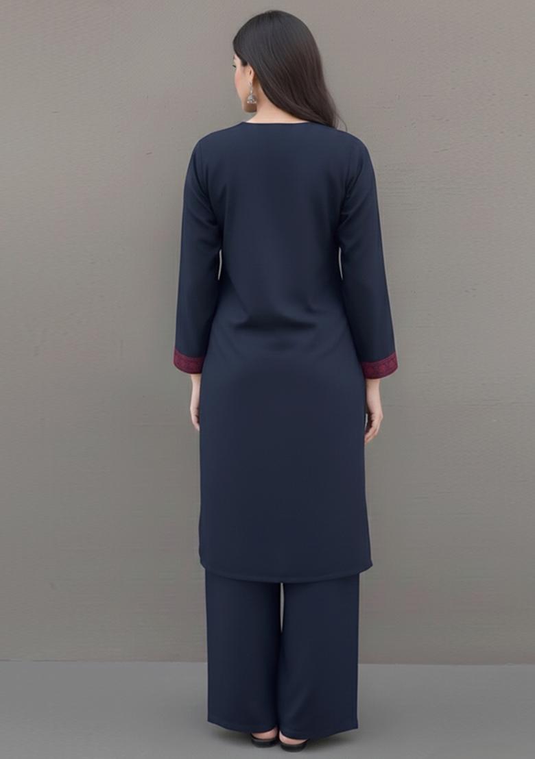 Navy Blue Embroidered Rayon Kurta Set - Indya