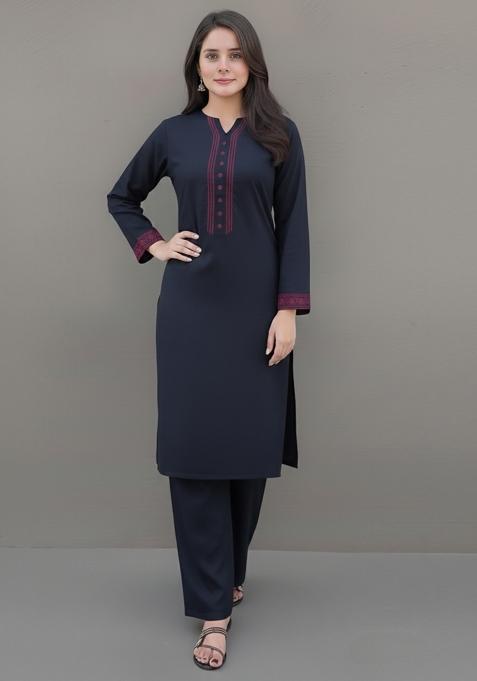 Navy Blue Embroidered Rayon Kurta Set