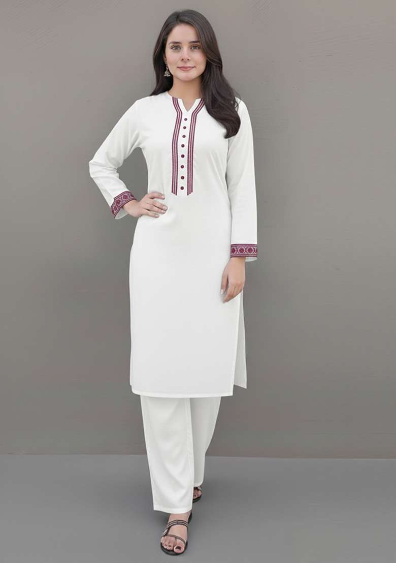 White Embroidered Rayon Pakistani Suit Set - Indya