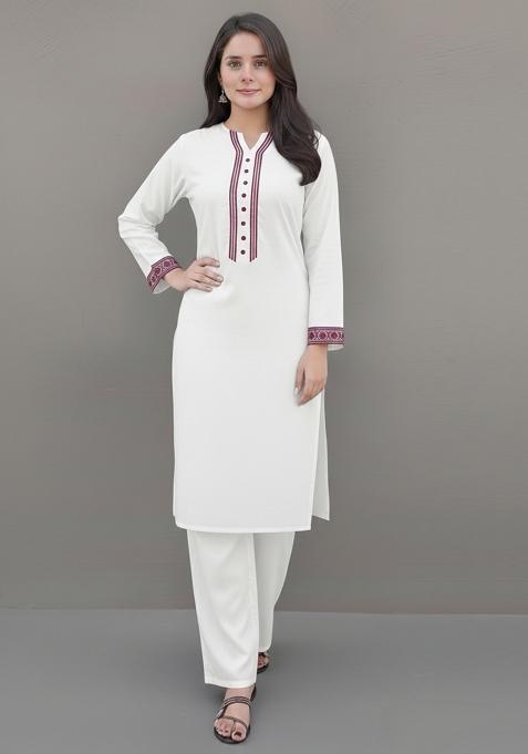 White Embroidered Rayon Kurta Set