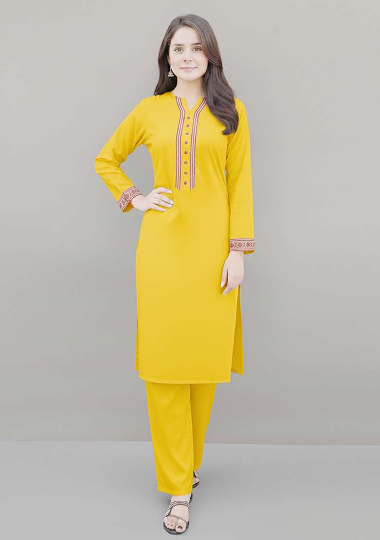 Yellow Solid Rayon Pakistani Suit Set - Indya